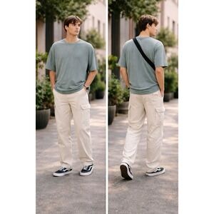 No Boundaries‎ Utility Cargo Pants 28x31 Beige Straight Baggy Leg Workwear